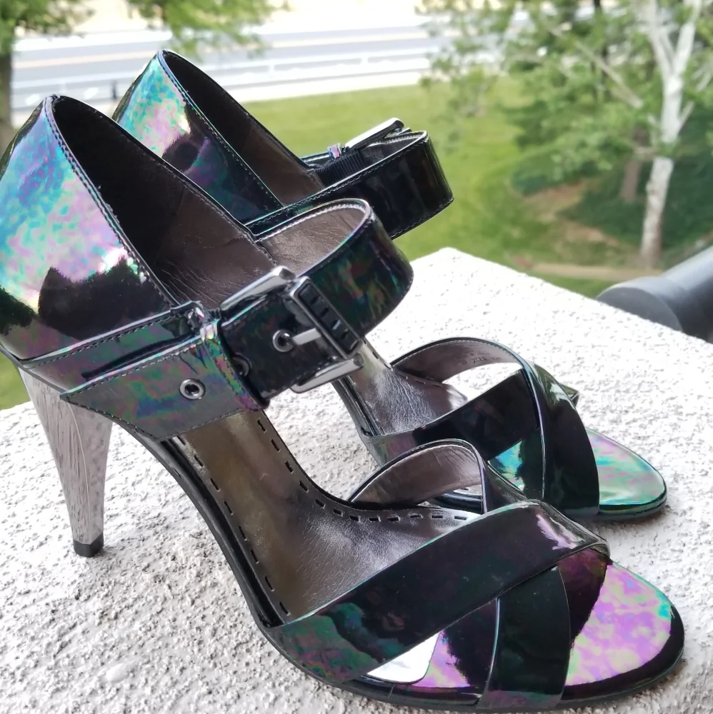 Iridescent oil slick petrol high heel sandals, sz7 - Picture 2 of 11